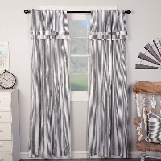Piper Classics Farmhouse Ticking Blue Stripe 84" Panel Curtains Set