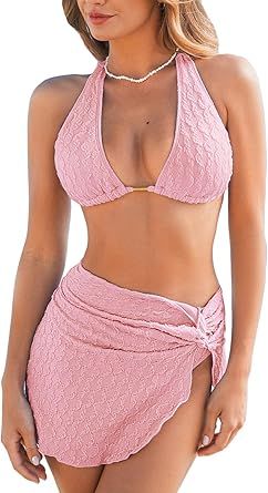 CUPSHE Women's Bikini Sets Three Piece Swimsuit V Neck Textured Halter Back Self Tie Twist Sarong Low Rise