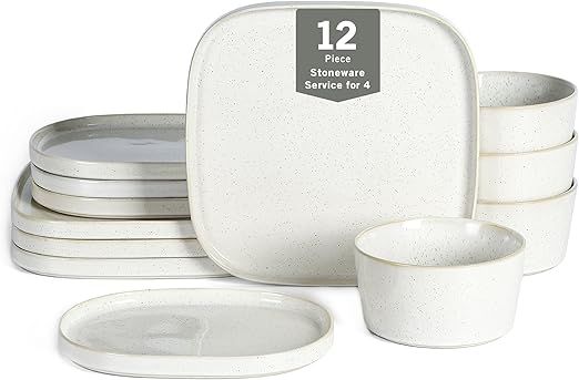 Stone Lain Cairo 12-Piece Dinnerware Set Stoneware, Plates and Bowls Set, Microwave and Dishwasher Safe, Includes Dinner and Salad Plates, Cereal Bowls, Dish for 4, White Speckled