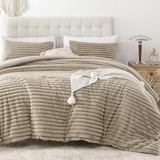 Smoofy Fluffy King Size Comforter Set 3 Pieces - Linen Fleece Fluffy Comforter Set, Luxury Fuzzy King Bedding Set, Soft King Bed Set All Season, Heavy Faux Fur Comforter with 2 Pillow Cases
