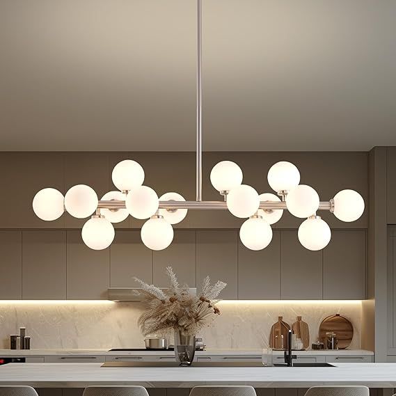 Glass Globe Sputnik Chandelier, 16-Light Mid Century Modern Light Fixture Over Table, Linear Chandeliers for Dining Room, Kitchen Island, Nickel and Milk White Bubble, 40 Inch, GC-02