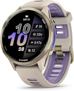 Garmin® Foreru nner® 970, Premium GPS Running and Triathlon Smartwatch, AMOLED Display, Built-in LED Flashlight, Soft Gold Titanium with French Gray Case and French Gray/Translucent Indigo Band