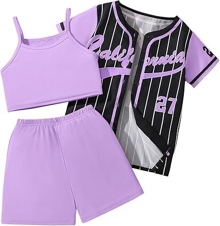 Hilinker Girls Graphic 3 Piece Outfits Short Sleeve Striped Cardigan and Crop Cami with Shorts Set