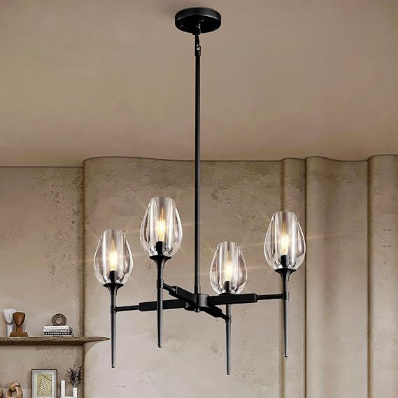 Crystal Black Pendant Lights Kitchen Island, 28" Adjustable Cord Modern Tulip Pendant Light Fixtures,4 Lights Kitchen Pendant Lighting Over Table,Indoor Chandeliers for Bedroom, Bulbs Included