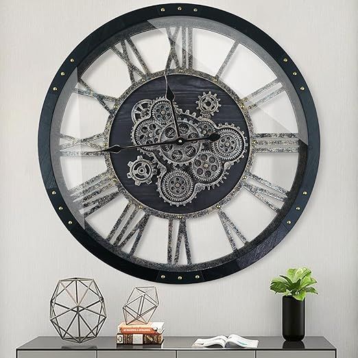 27 Inch Moving Gear Wall Clock, Oversized Wall Clocks, Clock Living Room Decor, Solid Wood Frame, Battery Operated, Large Wall Clock with Steampunk Industrial for Fireplace(Black)