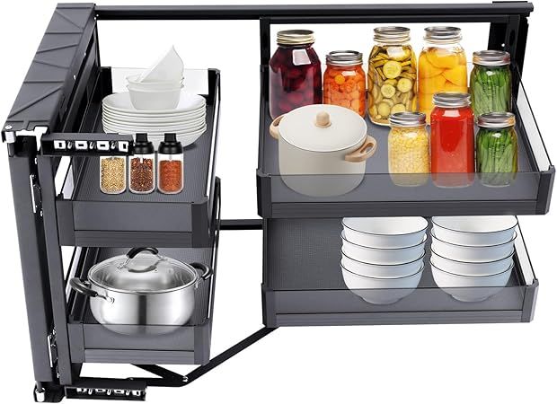 14-Inch Blind Corner Cabinet Pull Out Organizer, Heavy-Duty 4-Tier Shelves with Chrome Soft-Close Slides, Height Adjustable – Hidden Storage for Pots, Pans & Kitchenware for Home/Restaurant Cabinets