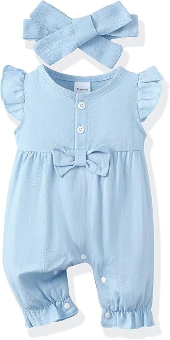 Renotemy Baby Girl Clothes Romper Infant Summer Bodysuit Outfits Cotton Linen Jumpsuits Newborn Essential Preemie Clothes