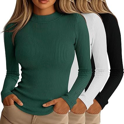 Riyiper 3 Pack Women's Ribbed Shirts, Mock Turtleneck Long Sleeve Tops Slim Fitted Undershirts Casual Basic Layering Tees