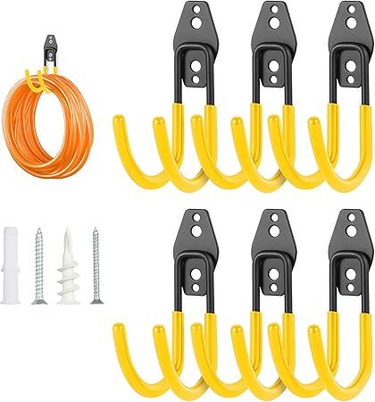 Garage Hose Hooks Wall Mount, 6 Pack Heavy Duty Storage Hooks for Garden Tools, Wall Hooks for Water Hoses, Brooms, Ladders, Garage Storage, Yellow