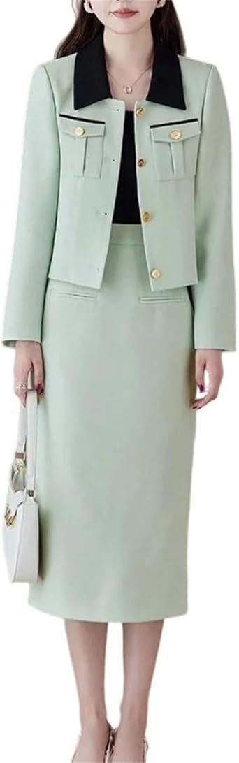 Women's Casual Slim Fit Sheath Silhouette Solid Full Opening Blazer Jacket Daily Wear Skirt Set