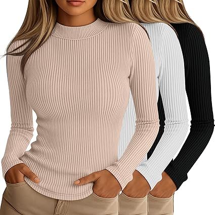 Riyiper 3 Pack Women's Ribbed Shirts, Mock Turtleneck Long Sleeve Tops Slim Fitted Undershirts Casual Basic Layering Tees