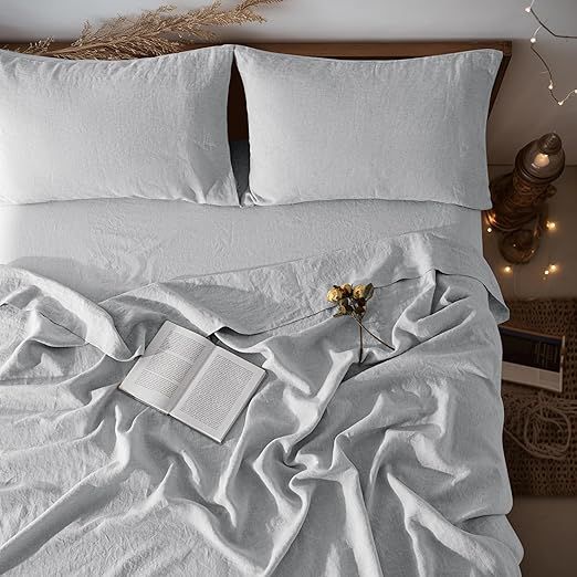 LBRO2M 100% Linen Sheet Set Twin XL Size,Bed Sheets 3 Piece Sets,Solid Color Natural Flax Bed Sheets Soft Breathable Bedding,16" Deep Pocket,All Season (Twin XL, Grey)