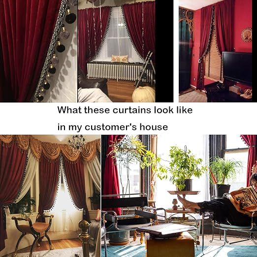 Luxury Pom Poms Curtain for Living Room Blackout Velvet 2 Panels Curtains Set Luxury Tassel Bedroom Curtains (Burgundy, (50W×108L)×2)