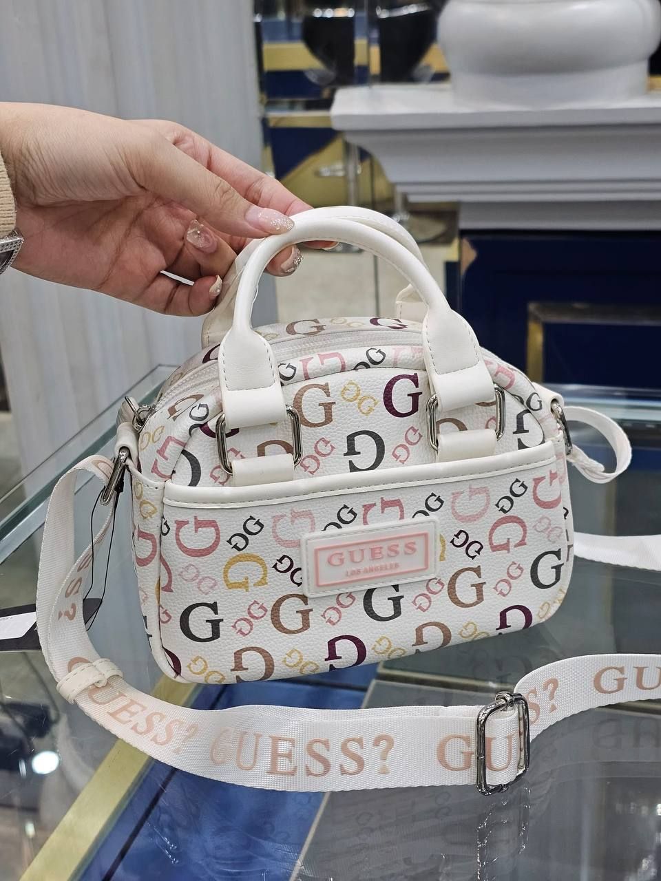 GUESS Women's White Rainbow Logo Mini Satchel Crossbody Bag