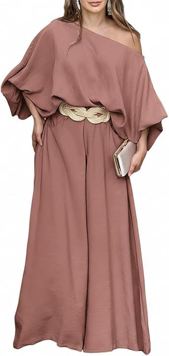 CHICME Women Summer 2 Piece Outfits Off Shoulder Lantern Sleeve Top Flowy Wide Leg Pants Set