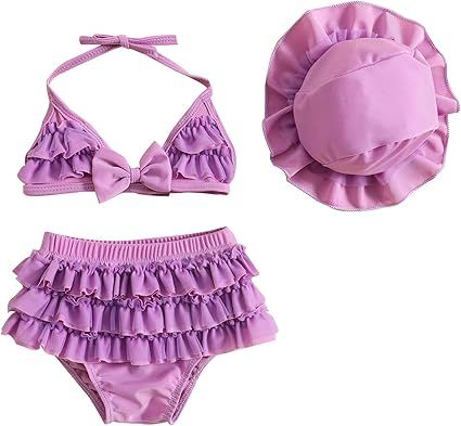 Yccutest Infant Baby Girl Flower Swimsuit 3Pcs Halter Triangle Tops Ruffle Bottoms Sun Hat Bikini Set Bathing Suit Swimwear