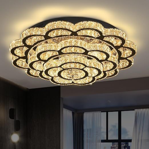 Flashing God W32 Modern Chandeliers for Living Room Flush Mount Crystal Chandelier Bedroom,Black Ceiling Chandeliers Light Fixture Dimmable LED 2700k 4500k 6000k