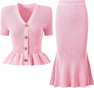 Women's Short Sleeve Knit Top Fishtail Half Skirt Set With Diamond Buttons