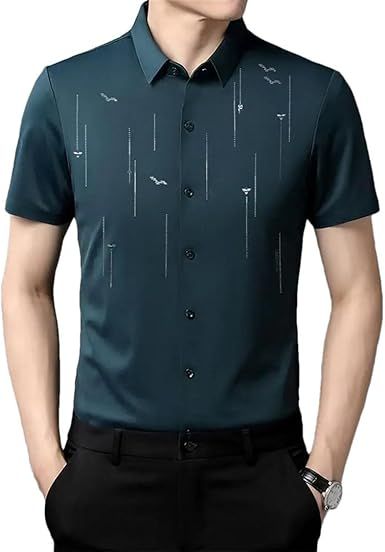 Men Summer T-Shirt Short Sleeve Solid Turn-Down Collar Striped Business Button Tops