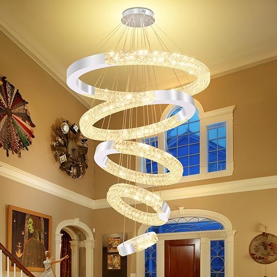 Large Ring Chandelier Modern LED 5 Ring Crystal Chandelier Lighting for High Ceiling Foyer Staircase Chandeliers Silver D12''+20''+28''+35''+43"