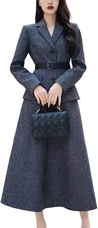 Women's Elegant Wool Two Piece Skirt Suit Long Sleeve Belted Jacket with Matching Skirt Set