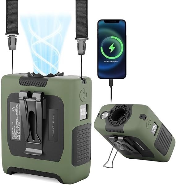 Portable Fan Wearable Personal Fan with 5 Speed Max 55 Working Hours Low Noise Portable Neck Fans Cooling Waist Fans for Camping Traveling LED Power Display 10000mAh Rechargeable (Dark Green)
