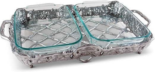 Arthur Court Metal Pyrex Glass Casserole Dish Holder Classic Grape Pattern Sand Casted in Aluminum with Artisan Quality Hand Polished Design Tarnish-Free 14 inch Long 2 Quart Removable Dish Included