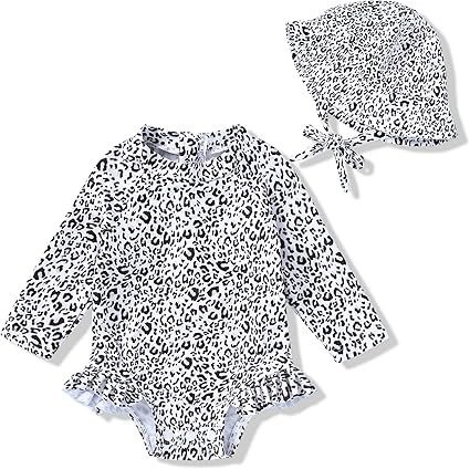 Infant Baby Girl Swimsuit One-Piece Long Sleeve Rash Guard with Hat Set Floral Zipper Bathing Suit Leopard Beach Wear