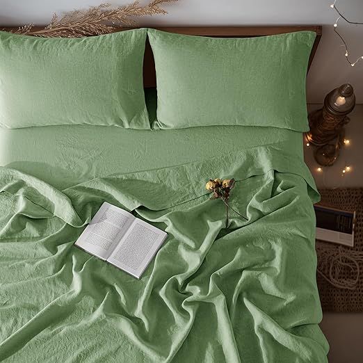 LBRO2M 100% Linen Sheet Set Twin XL Size,Bed Sheets 3 Piece Sets,Solid Color Natural Flax Bed Sheets Soft Breathable Bedding,16" Deep Pocket,All Season (Twin XL, Green)