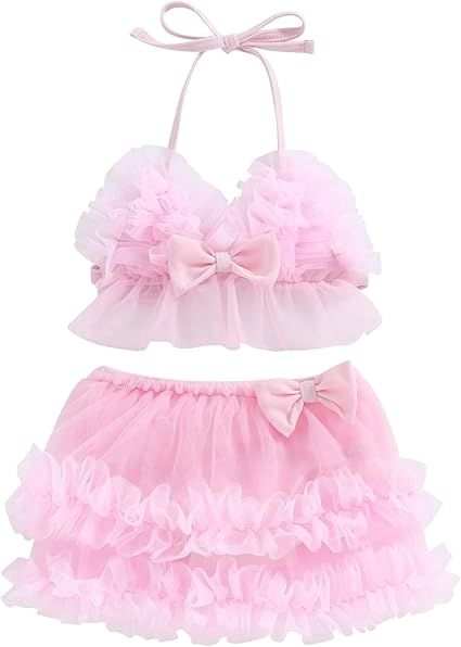 Yccutest Infant Baby Girl Flower Swimsuit 3Pcs Halter Triangle Tops Ruffle Bottoms Sun Hat Bikini Set Bathing Suit Swimwear