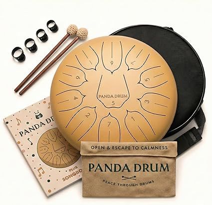 Plus (Sandstone) | Steel Tongue Handpan with Music Book, Mallets, Carrying Bag, Finger Picks | 11 inch, 432 Hz | Rain Drum for Inside, Outside | Calming Musical Instrument for Adults, Kids