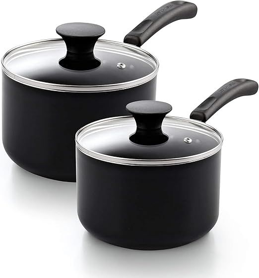 Cook N Home Nonstick Sauce Pan Set 1Qt and 2Qt, Multi-purpose Pots Set Saucepan Kitchenware with Glass Lid, Black, Aluminum
