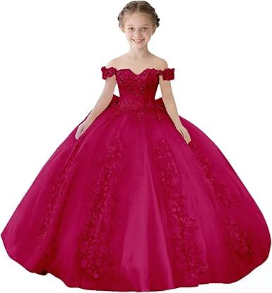 Lace Beaded Flower Girl Dresses for Wedding Off Shoulder Gilrs Pageant Dress Tulle Toddler Ball Gowns with Big Bow