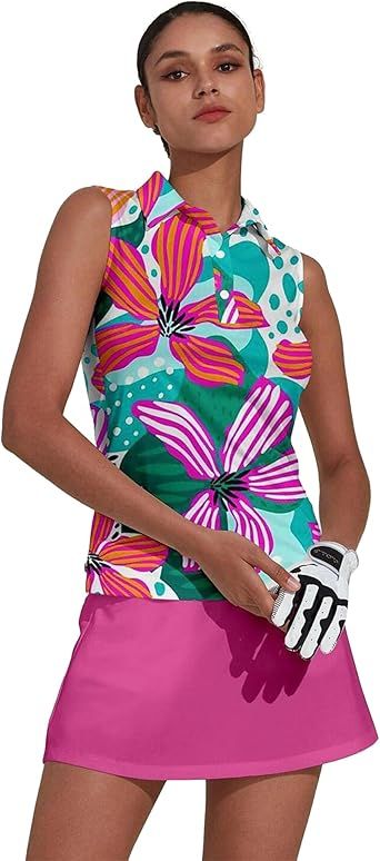 ACEGOLFS Women's Golf Shirts Sleeveless Collared Shirt for Women Quick Dry Button Up Tennis T-Shirt Printed Workout Tank Tops