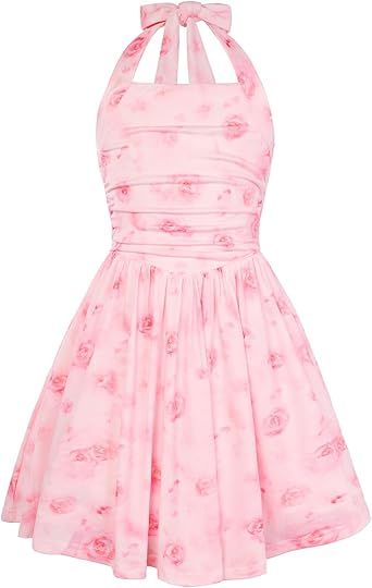 GRACE KARIN Girls Floral Summer Dress Spring Holiday Beach Party Sundress Halter Neck Tie Backless Dresses 7-14 Years