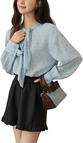 Women's French Vintage Polka Dot Shirt Long Sleeve Casual Pullover Blouse