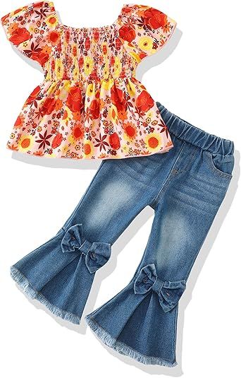 Baby Girl Clothes Toddler Girl Outfits Kids Puff Sleeve Shirt Top Flare Denim Pants Jeans Clothing for Little Girls