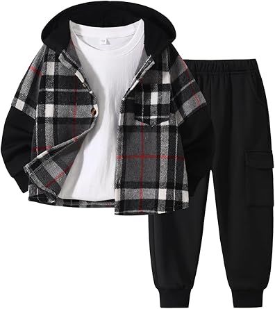 2Pcs Kids Boys Flannel Plaid Shirt Tops Pants Set Hoodie Sweatsuit for Fall Winter Spring Outfits 4-12 Years