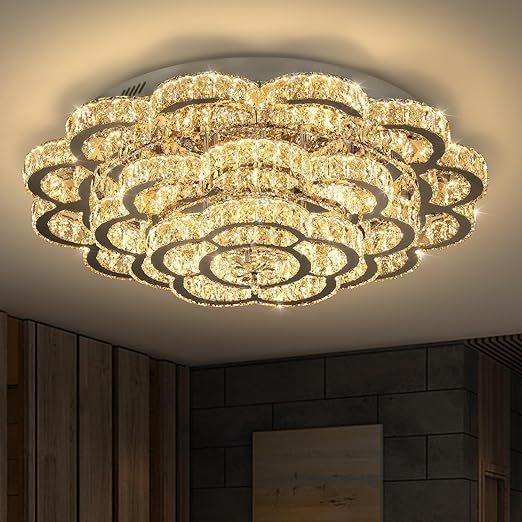 Flashing God Dia 32" Modern Crystal Chandeliers for Living Room LED Dimmable Bedroom Chandelier with Remote Crystal Ceiling Light Fixture Flush Mount Chandelier for Dining Room Foyer