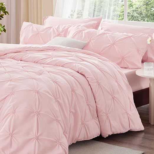 BEDELITE Baby Pink Queen Comforter Set - 3 Pieces Boho Pintuck Bedding Comforter Sets, Lightweight Soft & Warm Bed Comforter Queen with 2 Pillowcases for All Season