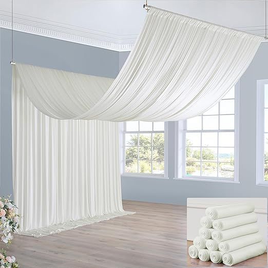 60ft×20ft Ivory Ceiling Drapes for Weddings Parties,12 Panels 5×20ft Long Ceiling Curtain for Tent Canopy,Wrinkle Free Silk Easy to Draping&Hang Ivory Drapes for Event Church Stage Photo Bedroom