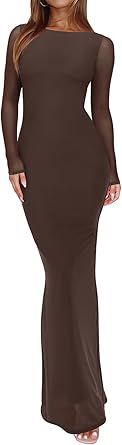 REORIA Women's Spring Mesh Sheer Long Sleeve Wedding Guest Dress Sexy Floral Bodycon Maxi Long Dresses