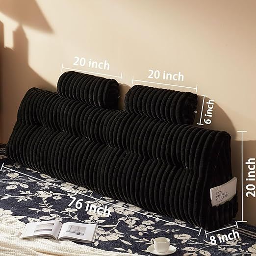 Faux Fur Headboard Pillow with 2 Pack Neck Roll Pillow Large Headboard Pillow Soft and Supportive with Removable Cover (Black, King)