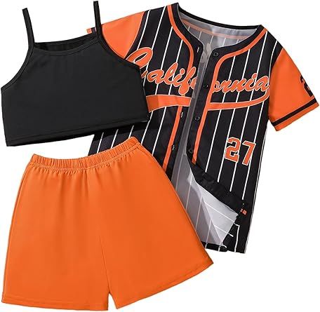 Hilinker Girls Graphic 3 Piece Outfits Short Sleeve Striped Cardigan and Crop Cami with Shorts Set
