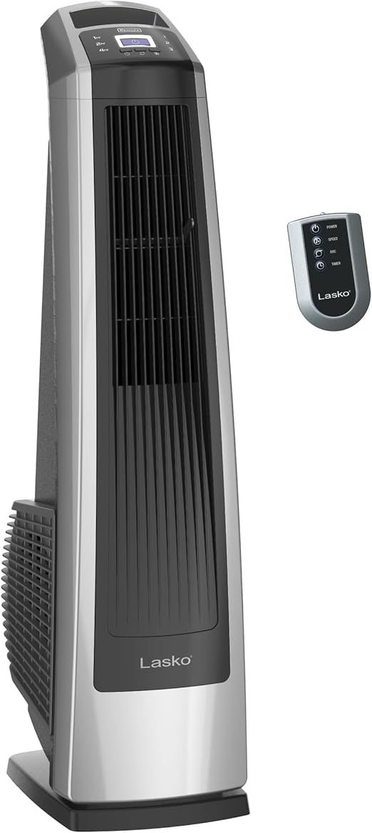 Lasko High Velocity Oscillating Tower Fan for Bedroom, Garage, Basement, and Gym with Remote Control, Timer, 3 Powerful Speeds, 35" Silver/Black, U35115