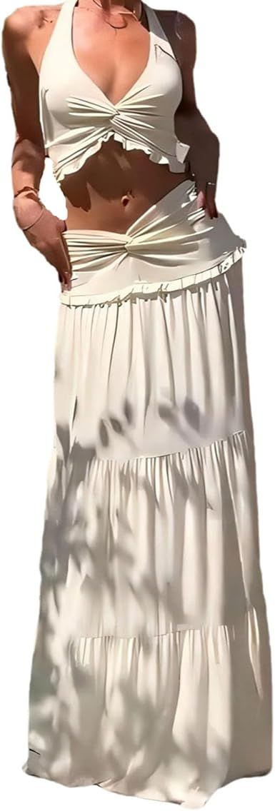 Wuitrie Maxi Skirt Set Women 2 Piece Outfits Sleeveless Strap Top Maxi Skirt Solid Going Out Vacation Two Piece Skirt Set