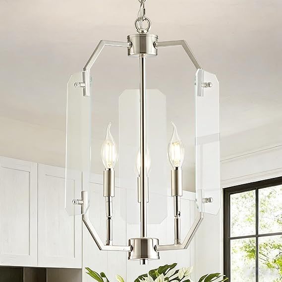 OKELI 11.8” Brushed Nickel Farmhouse Chandelier, 3-Light Modern Lantern Chandeliers with Adjustable Chain, Hanging Glass Pendant Light for Entryway, Foyer, Kitchen Island, Dining Room, E12