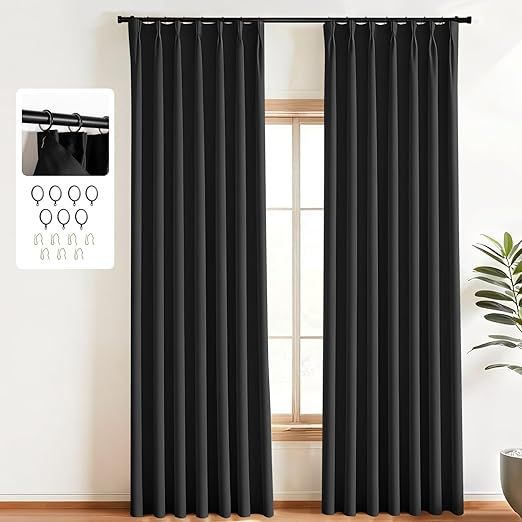 Pinch Pleated Curtains Blackout Two Pages Pinch Pleated Drapes for Bedroom Living Room，Black Liner Thermal Insulated Draperies with Hooks&Curtain Ring W40 x H96 Inch Black