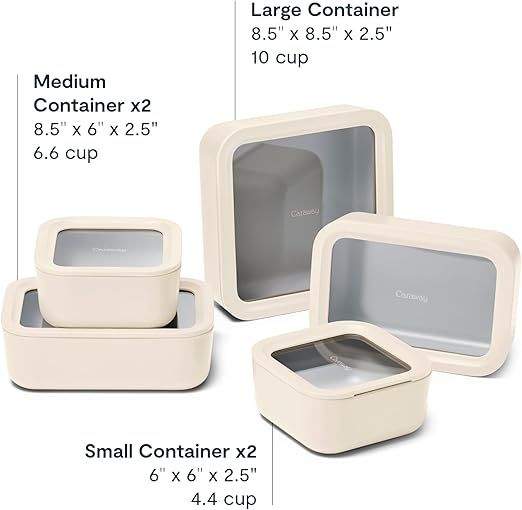 Caraway 13pc Glass Food Storage Container Set - Easy to Store, Non Toxic Lunch Box - with Glass Lids - Includes Storage Organizer - Cream