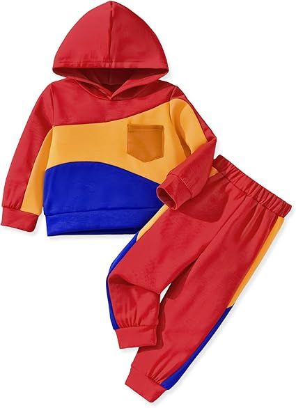 HINTINA Toddler Boy Color-blocked Hoodie Sweatsuit And Pant 2 Pieces Outfits